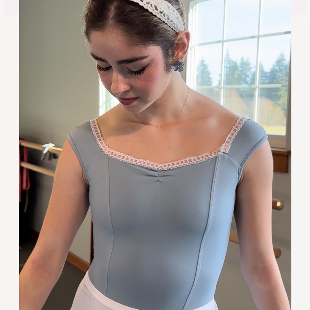 SALE!! Beautiful Lace-Trimmed Blue Ballet Leotard for Dance Bodysuit